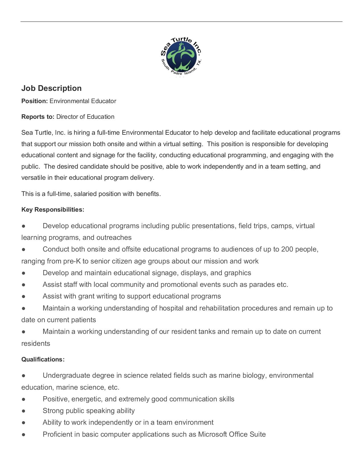 Environmental Educator Sea Turtle Inc 