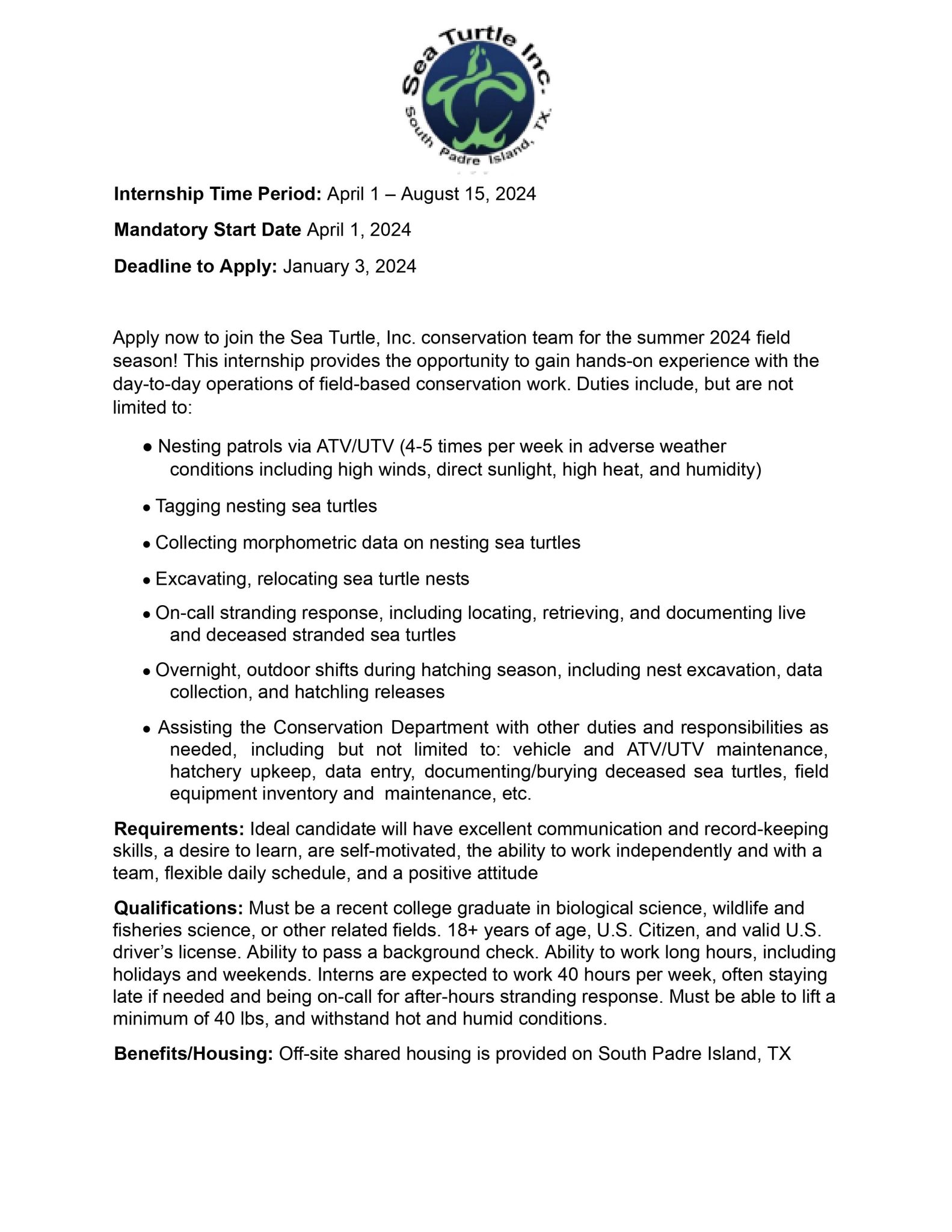 Conservation Internship Job Description Sea Turtle, Inc.