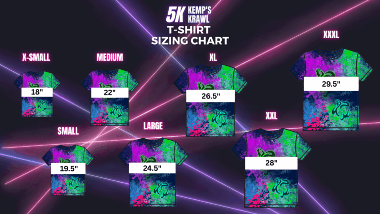 A sizing chart for our exclusive 5k running shirt